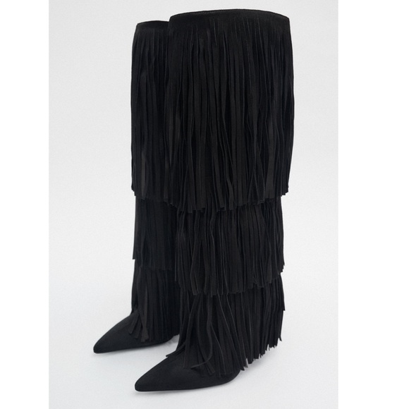 Zara FRINGED HEELED LEATHER KNEE HIGH BOOTS - Picture 4 of 9